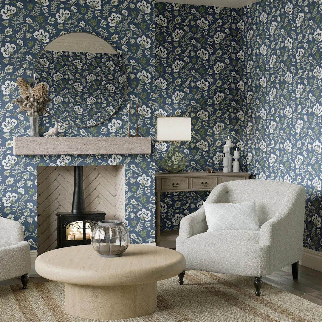 Folk Foliage Wallpaper in Navy and Sage