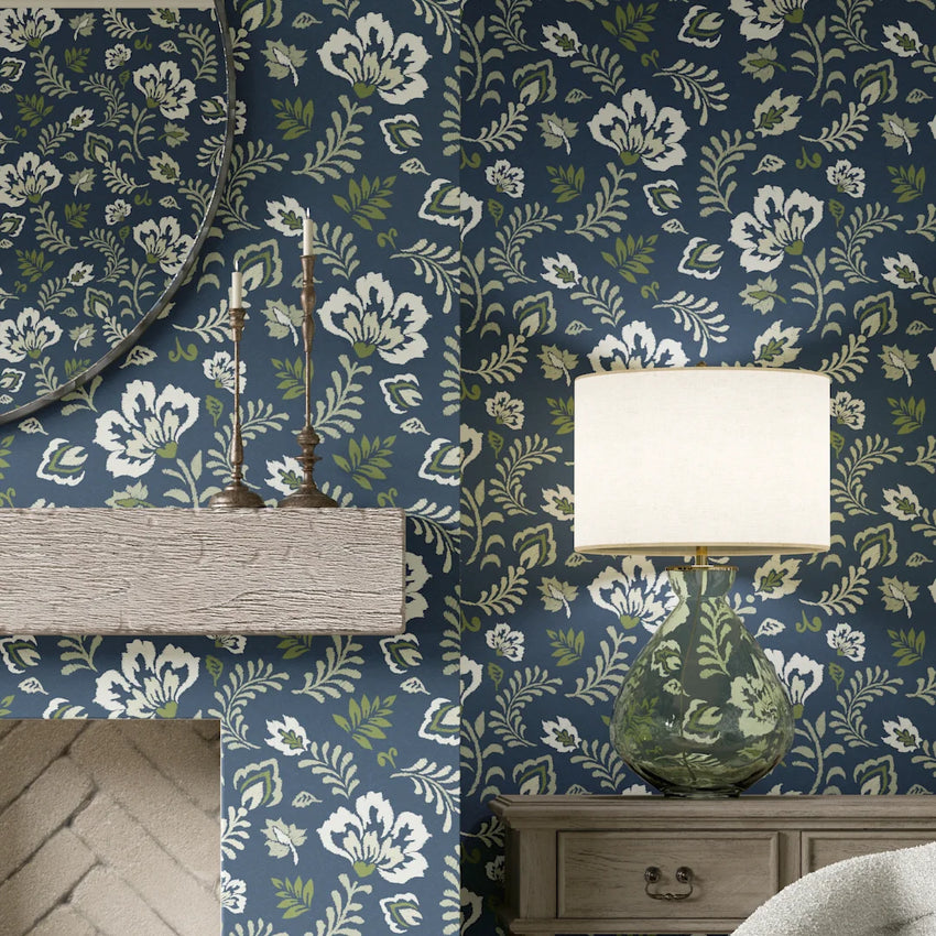 Folk Foliage Wallpaper in Navy and Sage