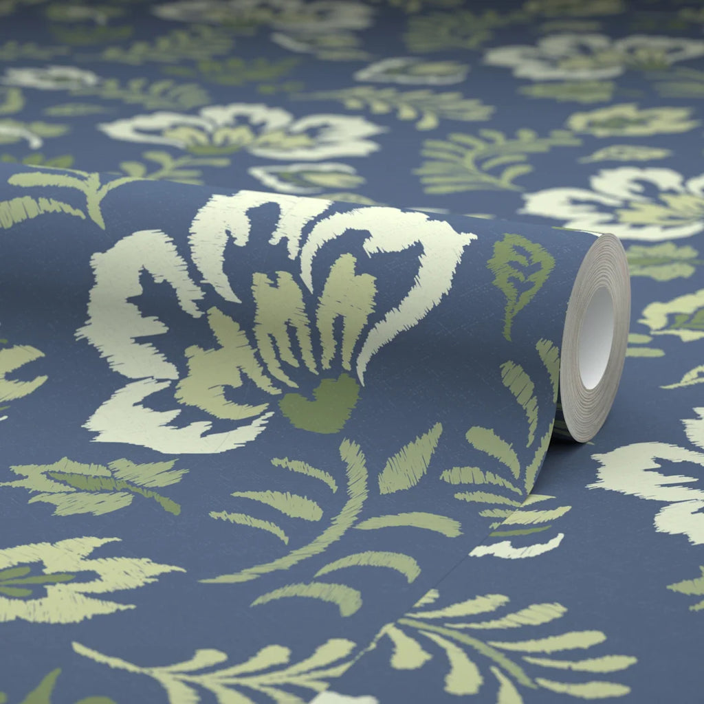 Folk Foliage Wallpaper in Navy and Sage