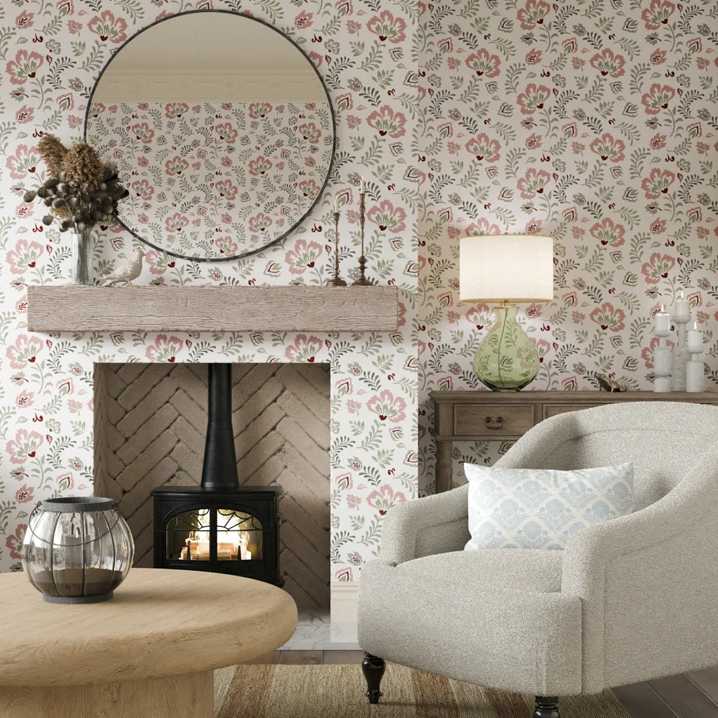 Folk Foliage Wallpaper in Vintage Pink and Sage