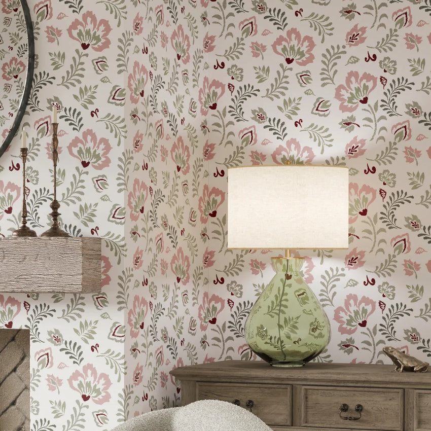 Folk Foliage Wallpaper in Vintage Pink and Sage