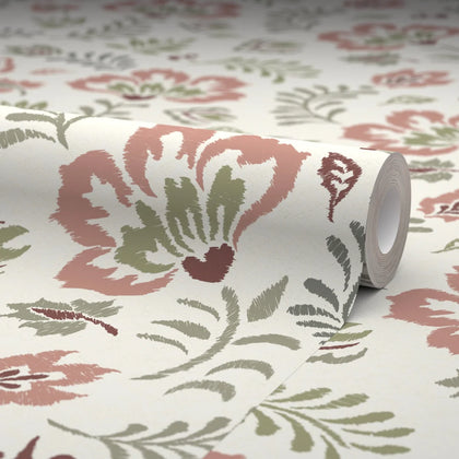 Folk Foliage Wallpaper in Vintage Pink and Sage