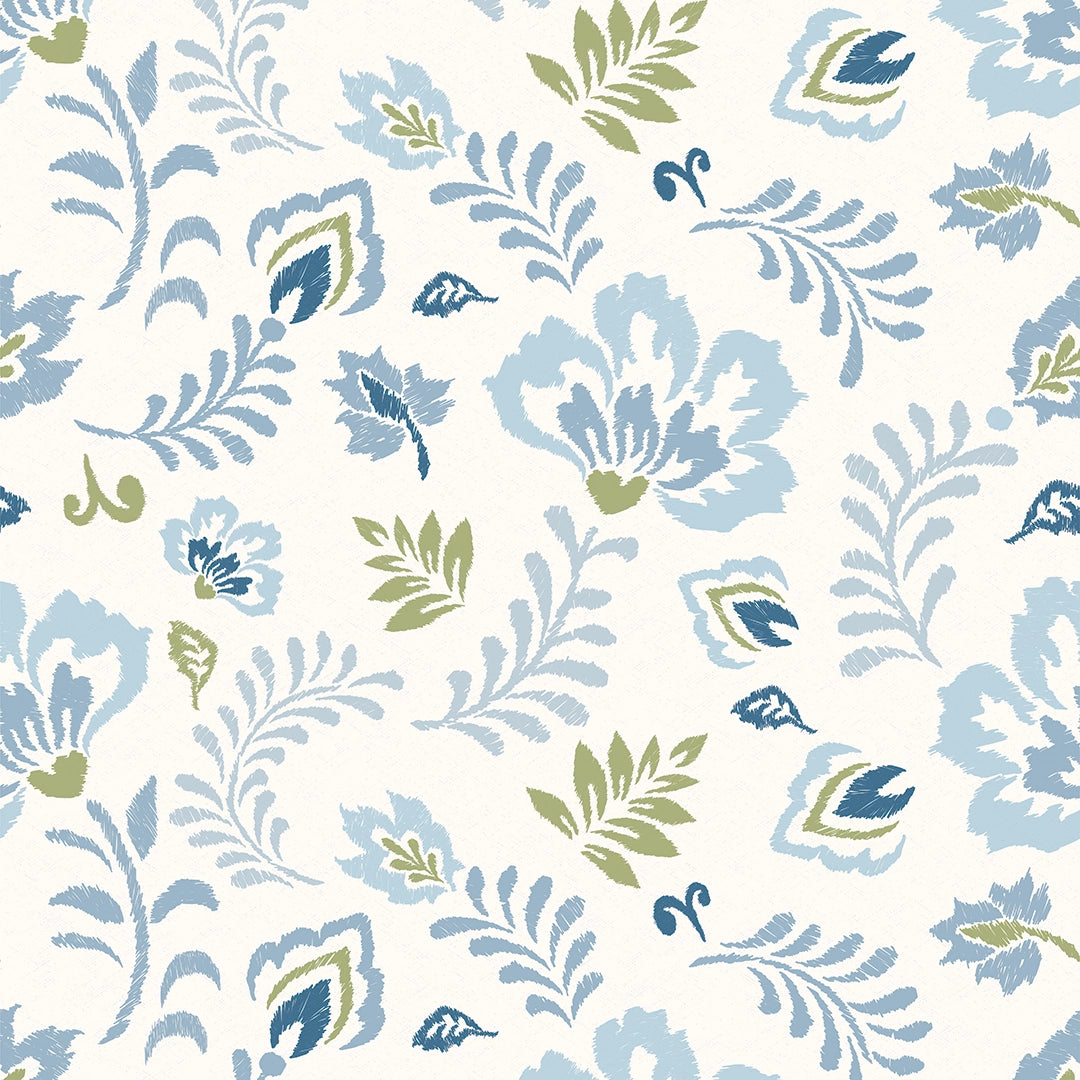 Folk Foliage Wallpaper in Blue and Sage on Cream