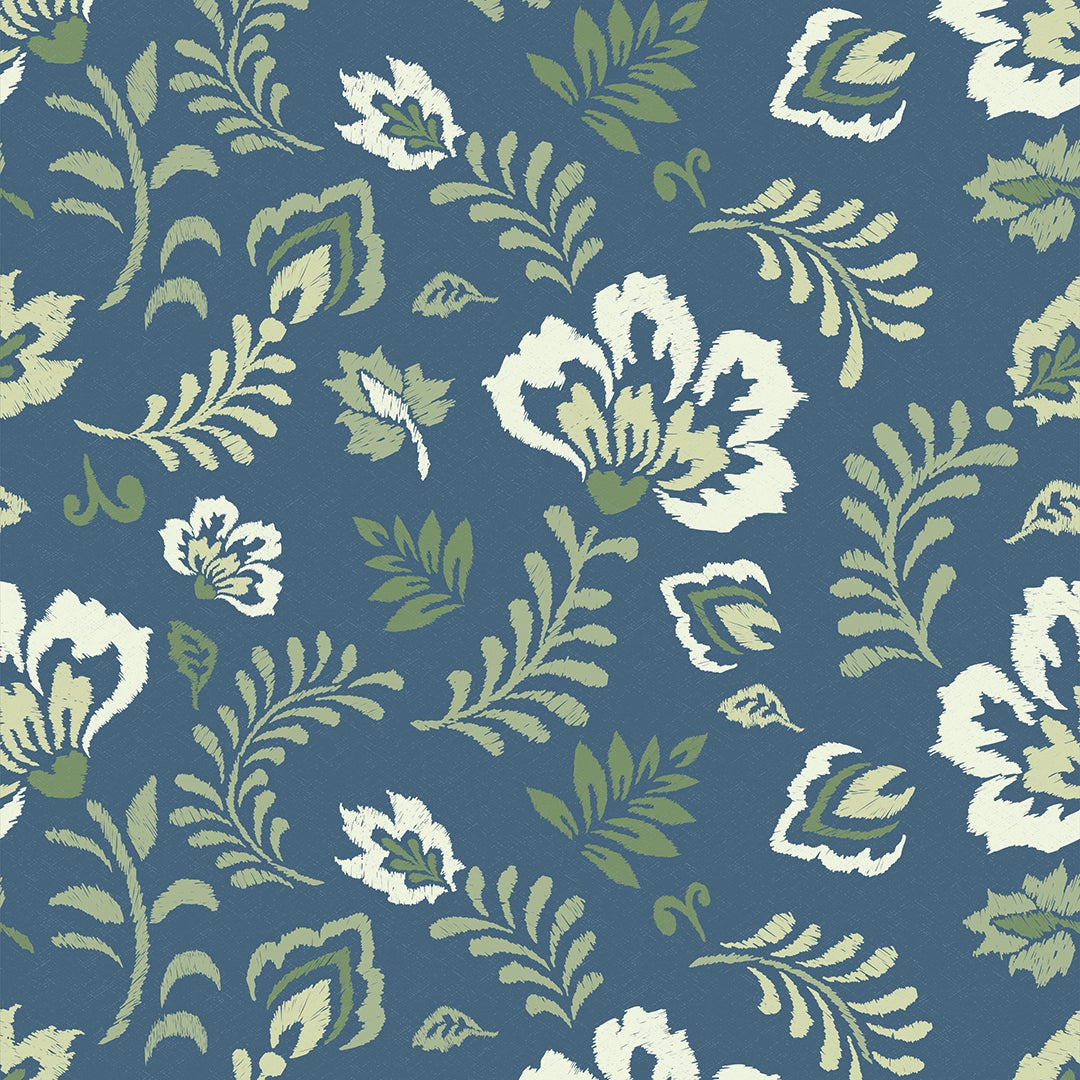 Folk Foliage Wallpaper in Navy and Sage