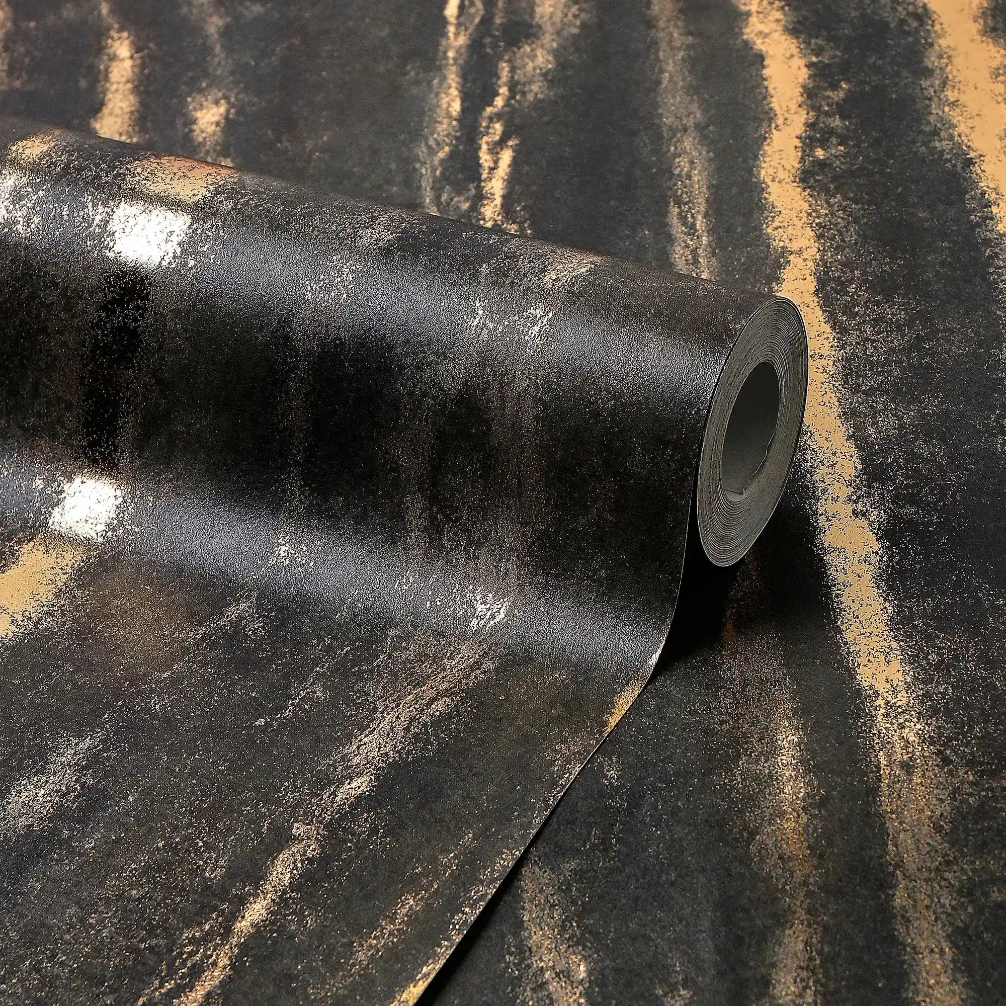 Gold Bark Wallpaper in Charcoal with Gold Foil