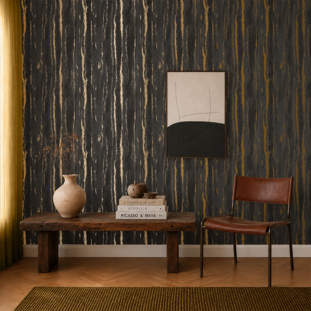 Gold Bark Wallpaper in Charcoal with Gold Foil
