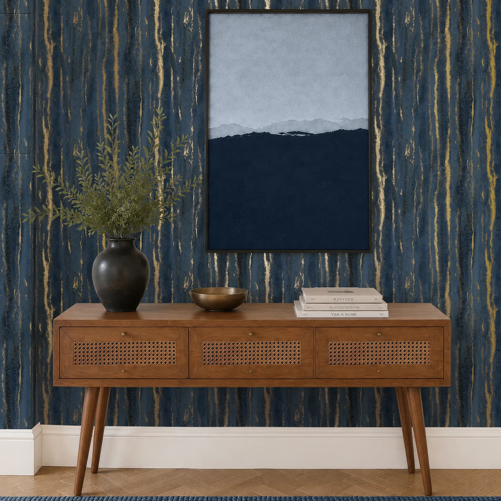 Gold Bark Wallpaper in Navy with Gold Foil