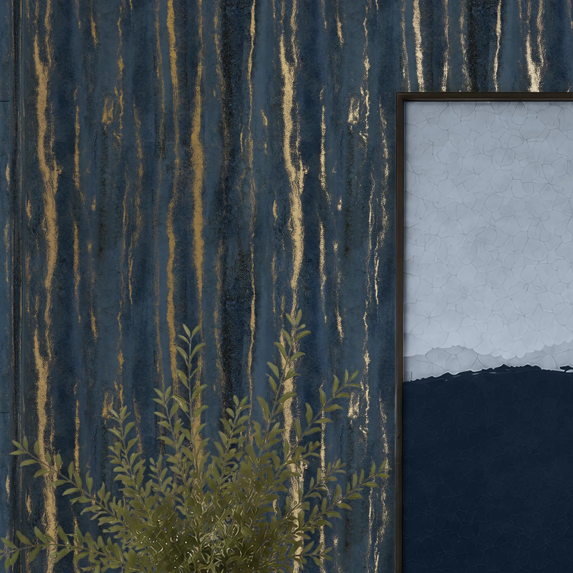 Gold Bark Wallpaper in Navy with Gold Foil