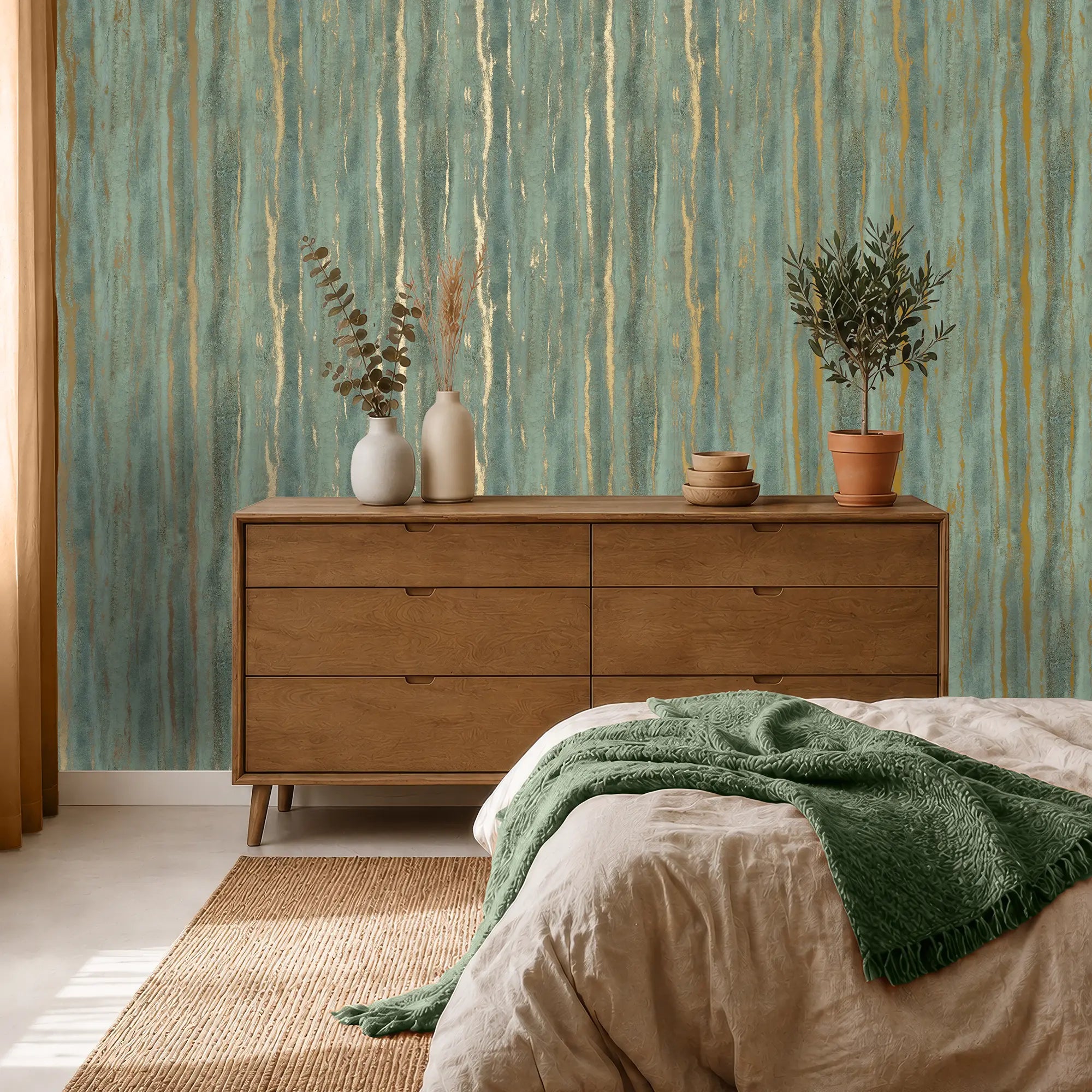 Gold Bark Wallpaper in Sage with Gold Foil