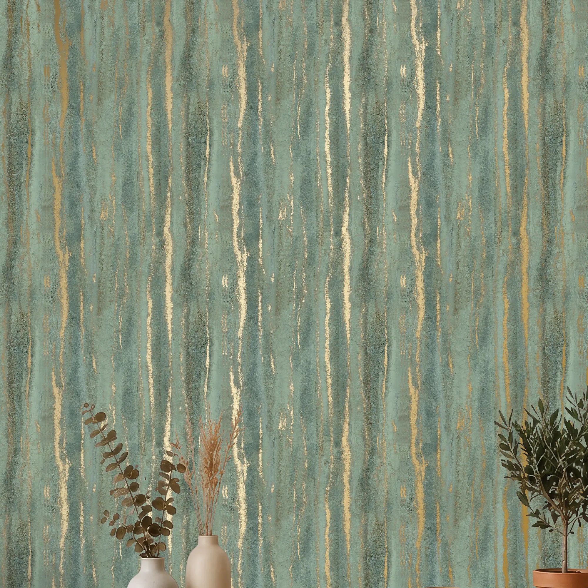 Gold Bark Wallpaper in Sage with Gold Foil