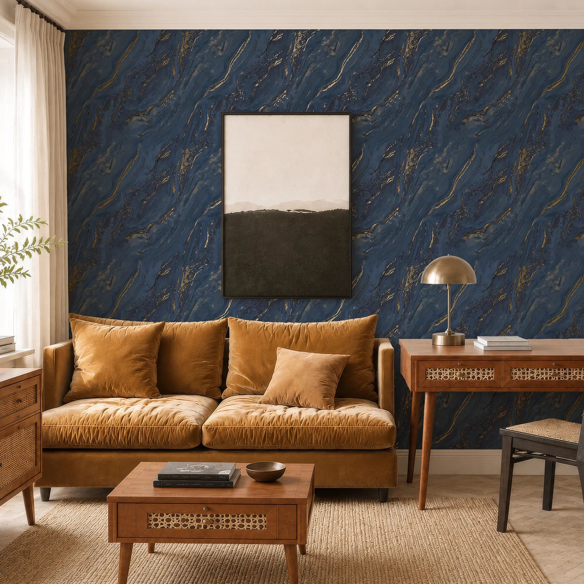 Gold Marble Wallpaper in Navy with Gold Foil