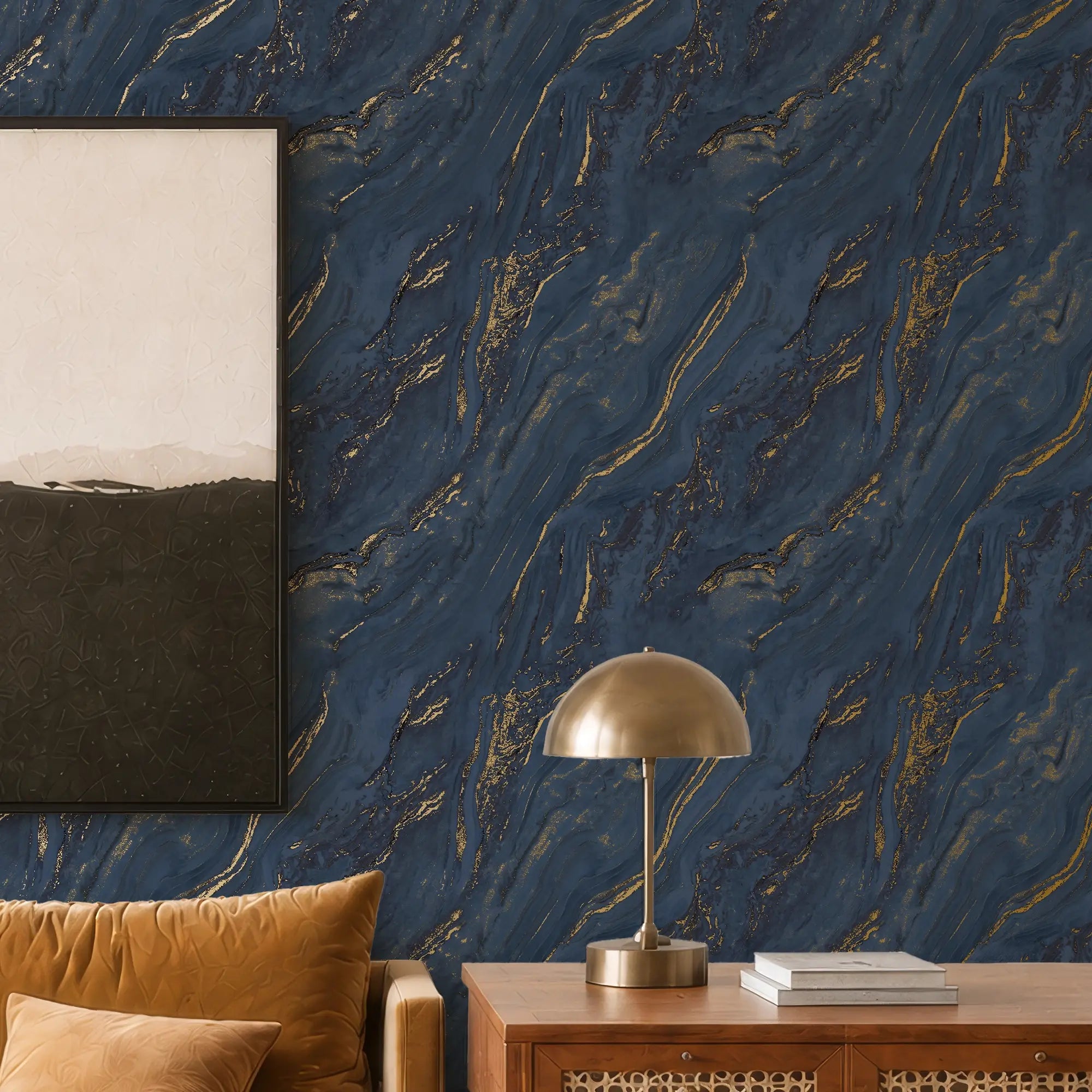 Gold Marble Wallpaper in Navy with Gold Foil
