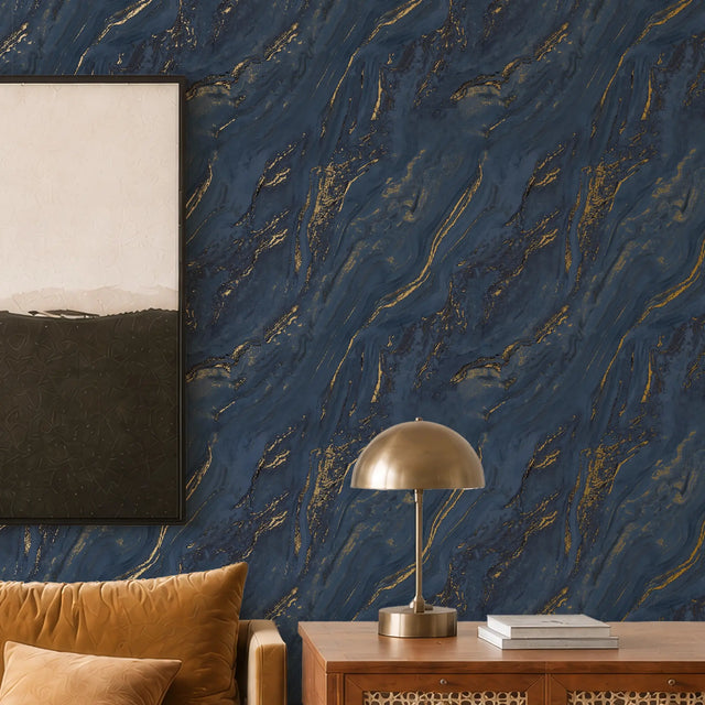 Gold Marble Wallpaper in Navy with Gold Foil