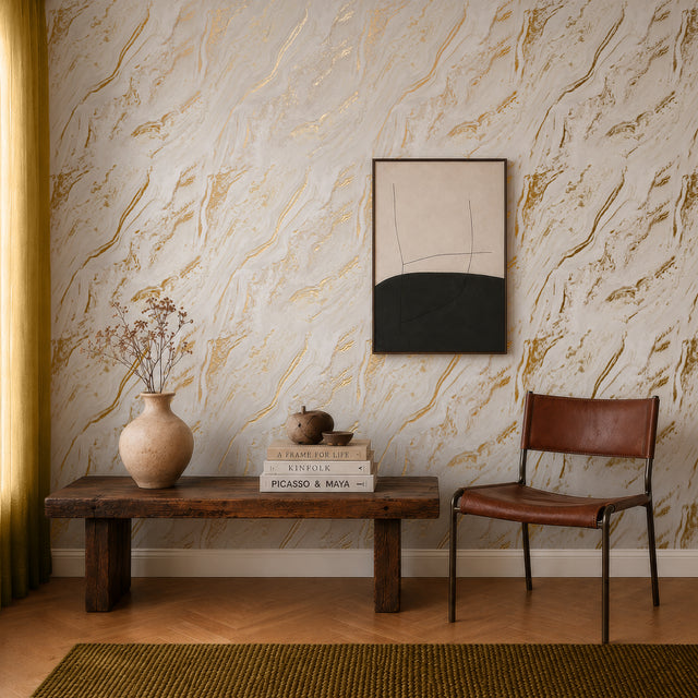 Gold Marble Wallpaper in Neutral with Gold Foil