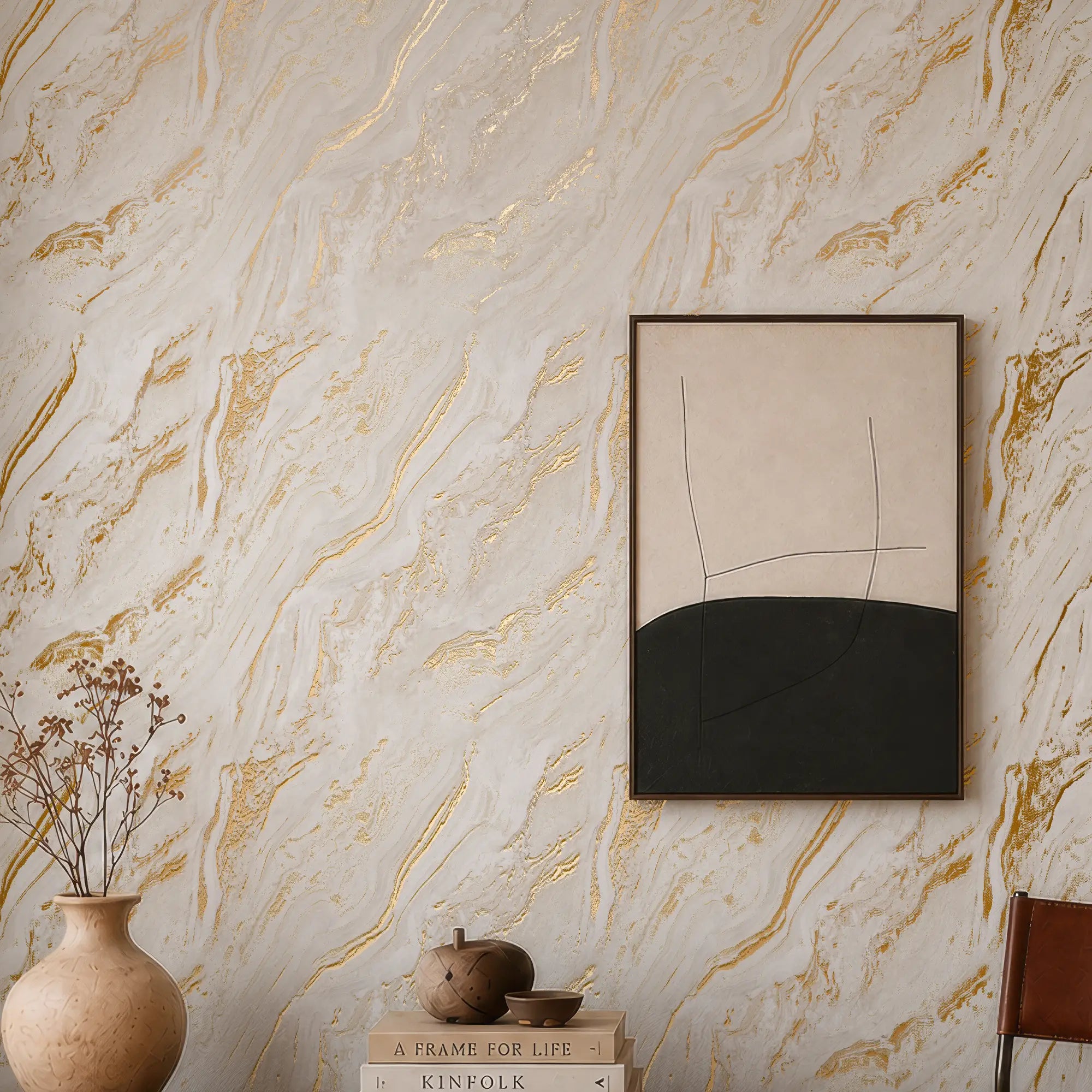 Gold Marble Wallpaper in Neutral with Gold Foil
