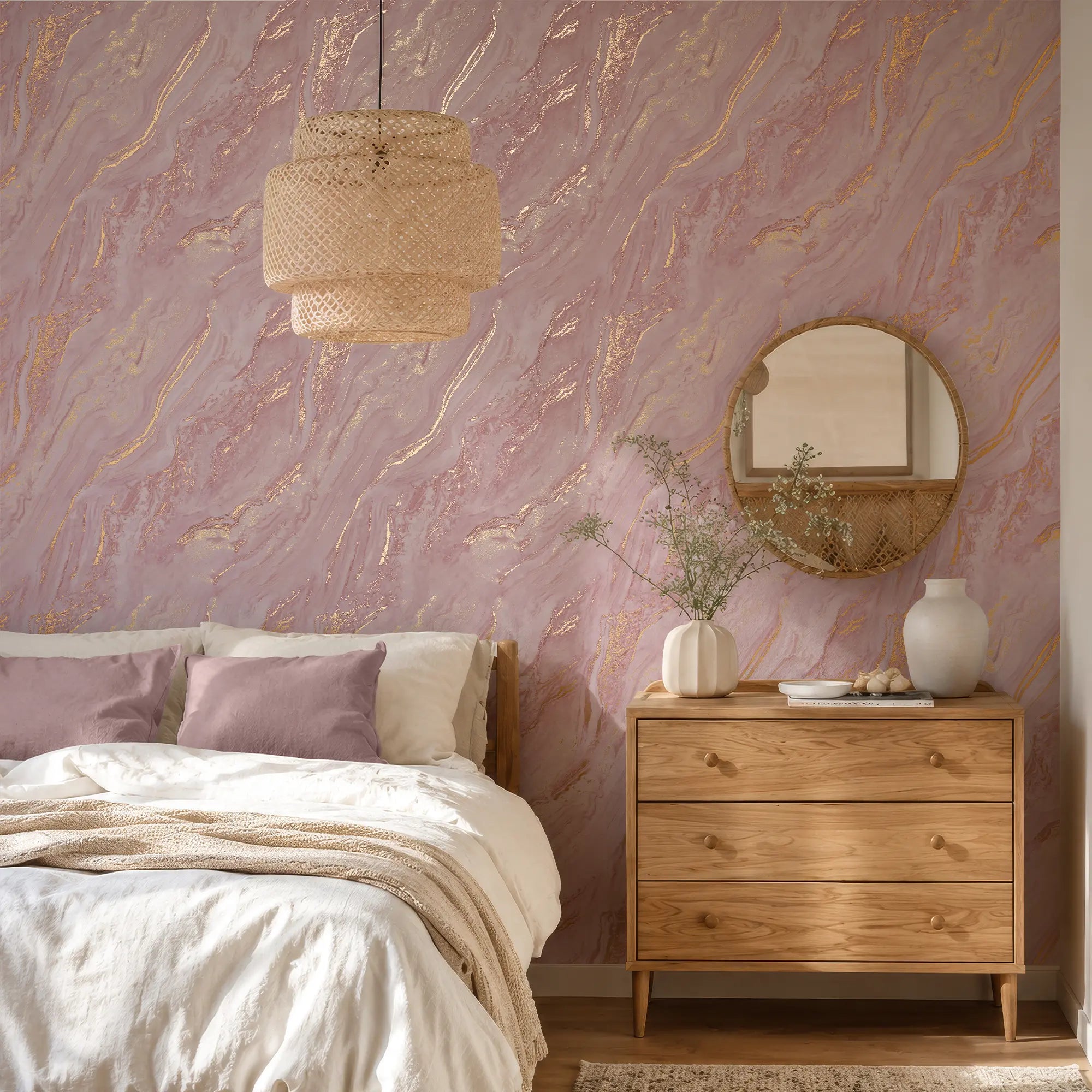 Gold Marble Wallpaper in Pink with Gold Foil