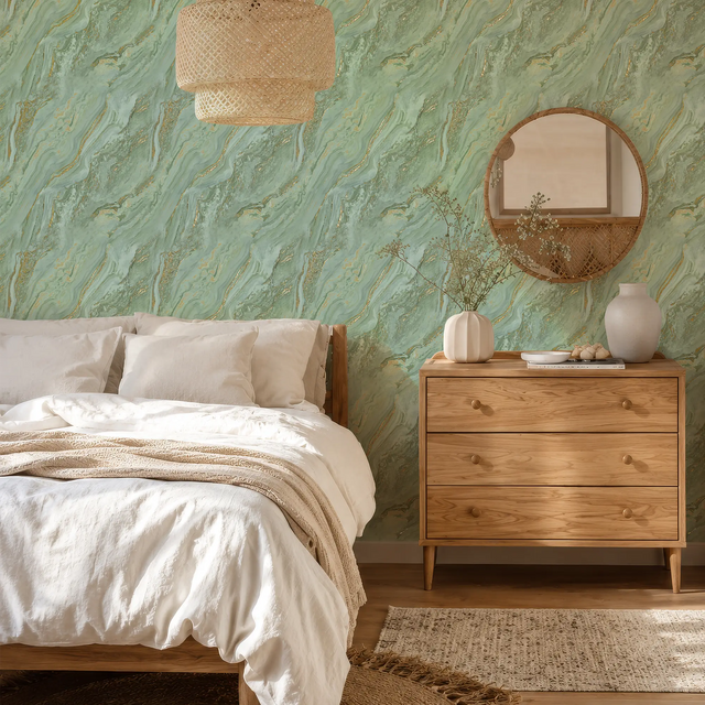 Gold Marble Wallpaper in Sage with Gold Foil