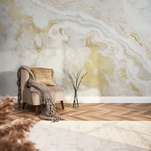Golden Agate Marble Full Wall Mural in Natural with Gold Effect