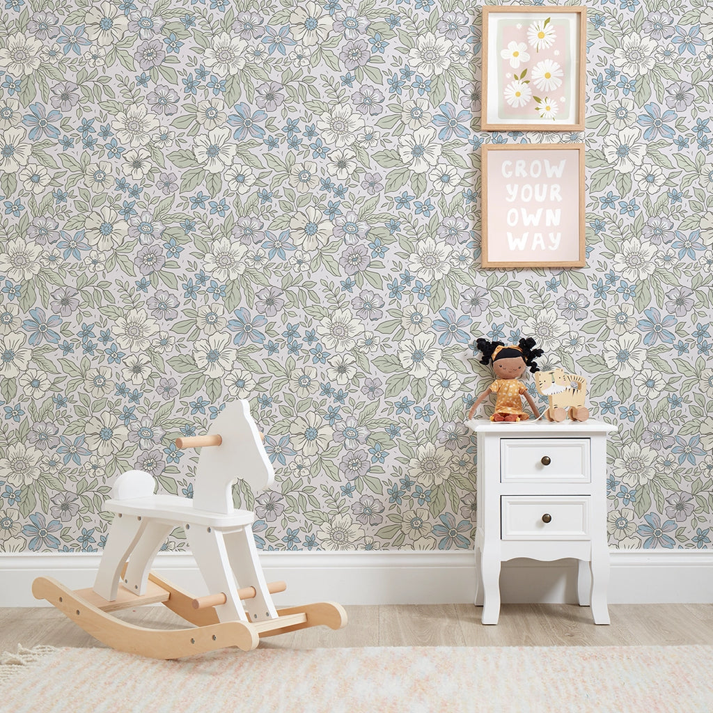 Gorgeous Gardenia Wallpaper in Soft Lilacs and Sage