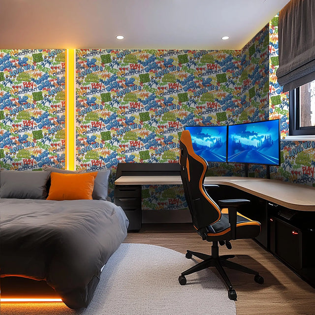 Graffiti Gamer Wallpaper in Multicoloured on White