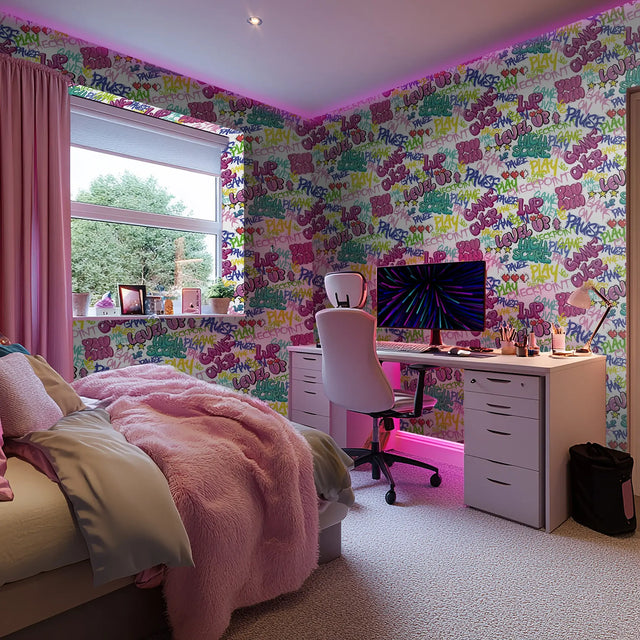 Graffiti Gamer Wallpaper in Pink on White