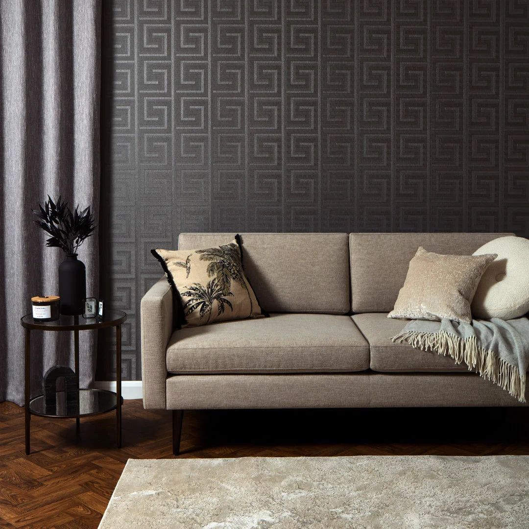 Greek Key Foil Wallpaper in Gunmetal