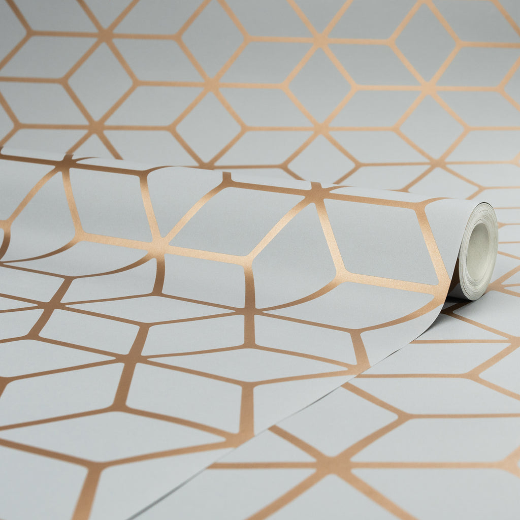 House of Alice Cubic Shimmer Geometric Wallpaper in Grey and Copper