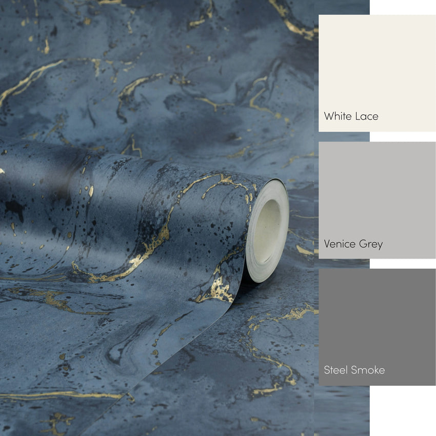 Onyx Marble Metallic Wallpaper in Navy Blue and Gold