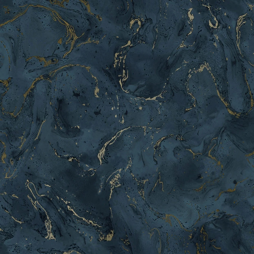 Onyx Marble Metallic Wallpaper in Navy Blue and Gold