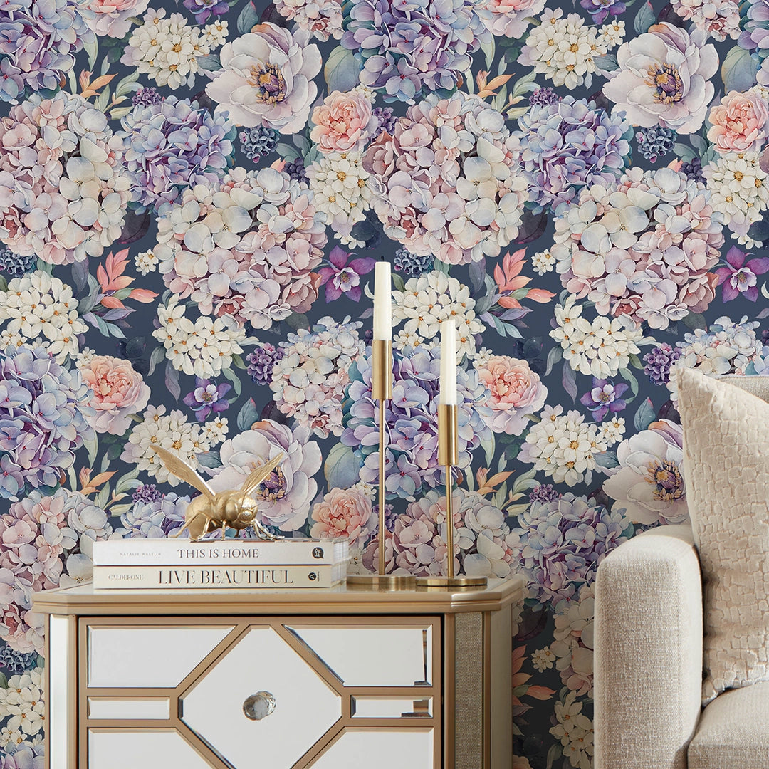 Hydrangea Bouquet Wallpaper in Soft Pastels on Navy