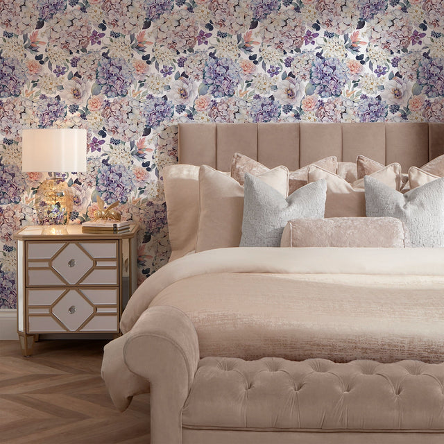 Hydrangea Bouquet Wallpaper in Soft Pastels on White