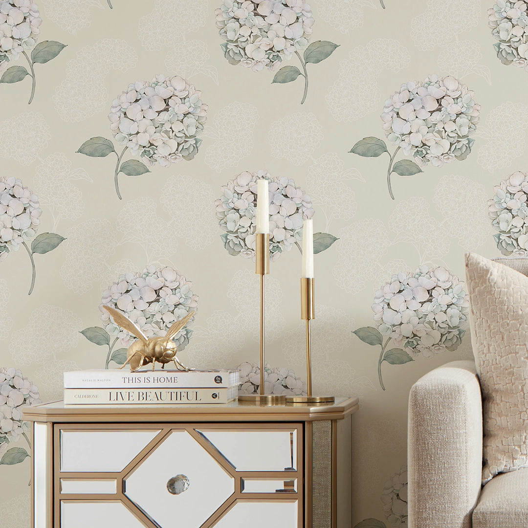Hydrangea Harmony Wallpaper in Cream