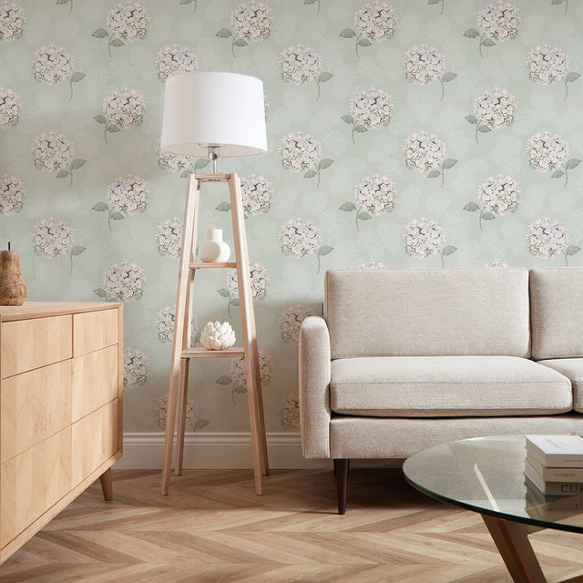 Hydrangea Harmony Wallpaper in Sage Green