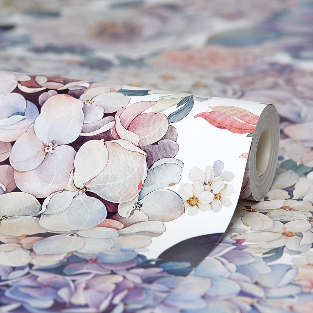 Hydrangea Bouquet Wallpaper in Soft Pastels on White