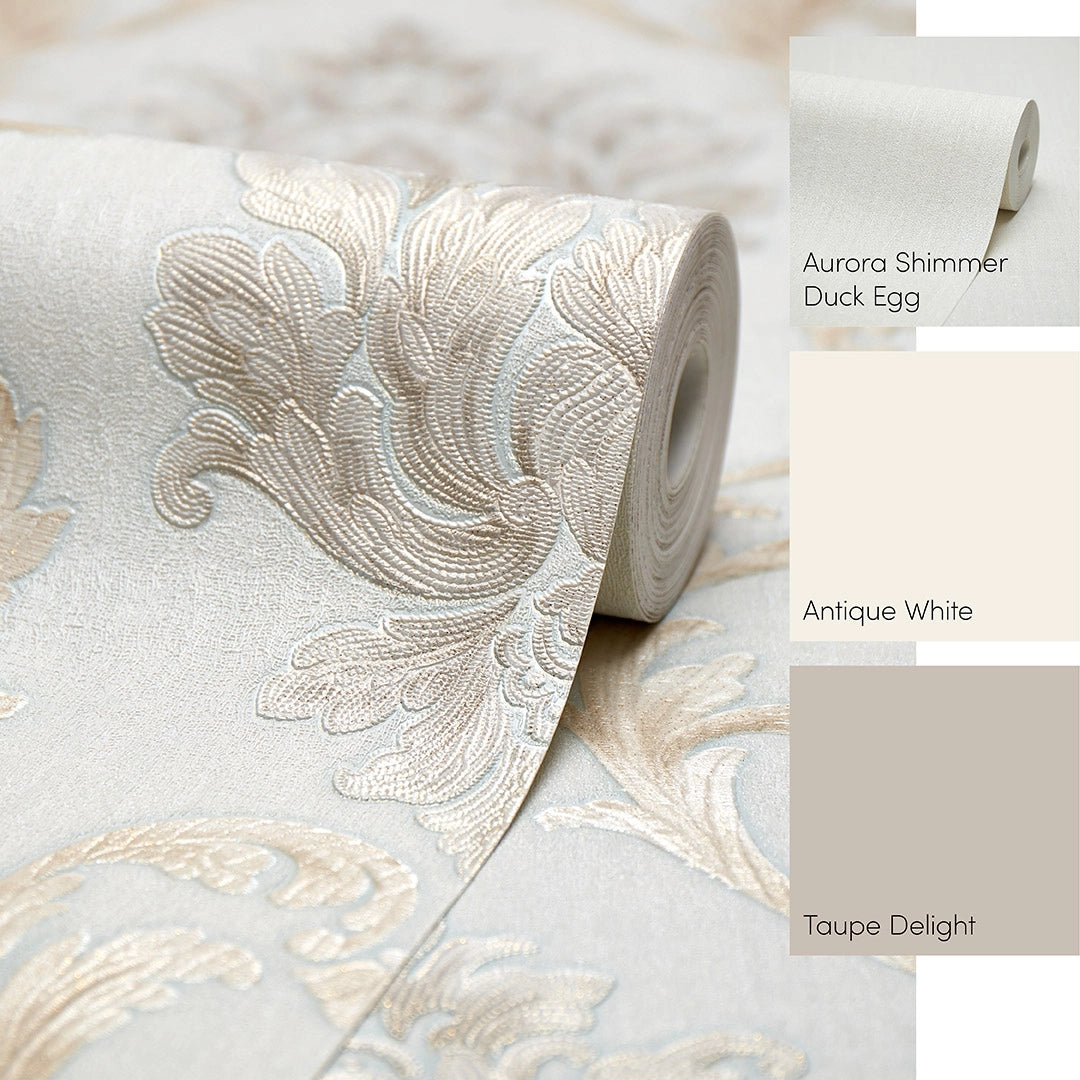 Aurora Damask Wallpaper in Duck Egg Green with vintage Cream and Gold