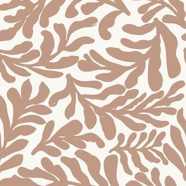 Coral Leaf Wallpaper in Coffee on Cream