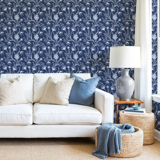 Jacobean Floral Wallpaper in Navy