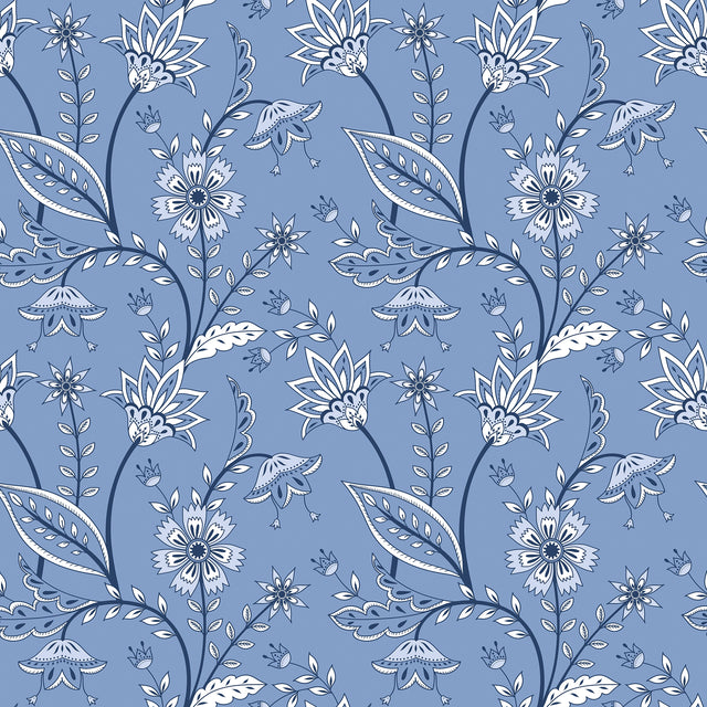 Jacobean Floral Wallpaper in Cornflower Blue
