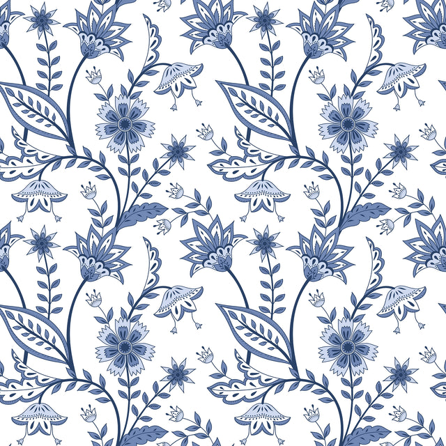 Jacobean Floral Wallpaper in Blue on White