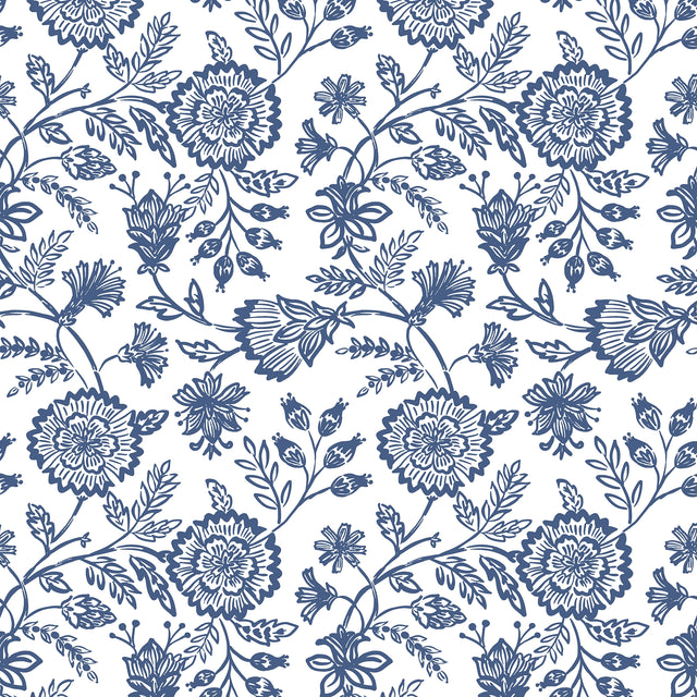Country Floral Wallpaper in Blue on White