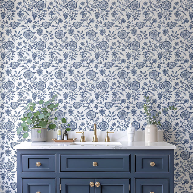 Country Floral Wallpaper in Blue on White