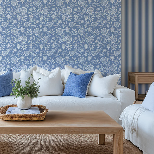 Country Floral Wallpaper in Cornflower Blue