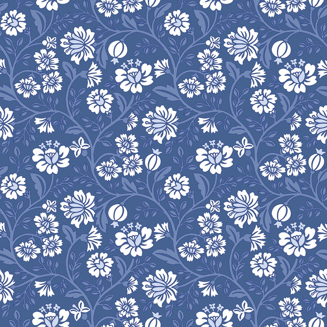 Folksy Floral Wallpaper in Blue