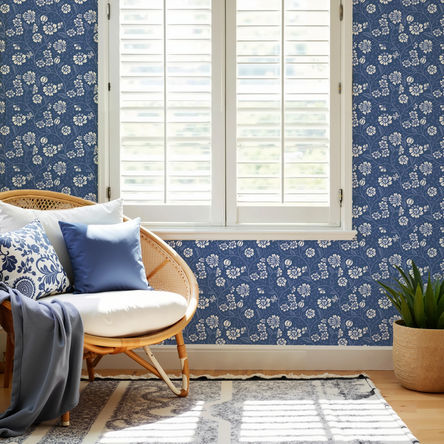 Folksy Floral Wallpaper in Blue