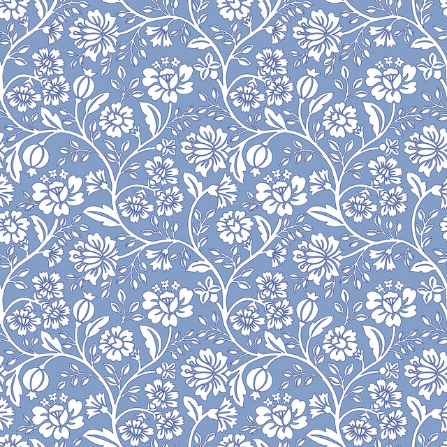 Folksy Floral Wallpaper in Cornflower Blue