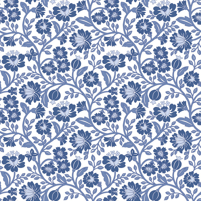 Folksy Floral Wallpaper in Blue on White