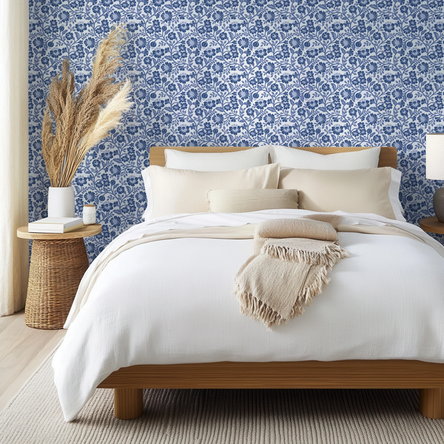 Folksy Floral Wallpaper in Blue on White