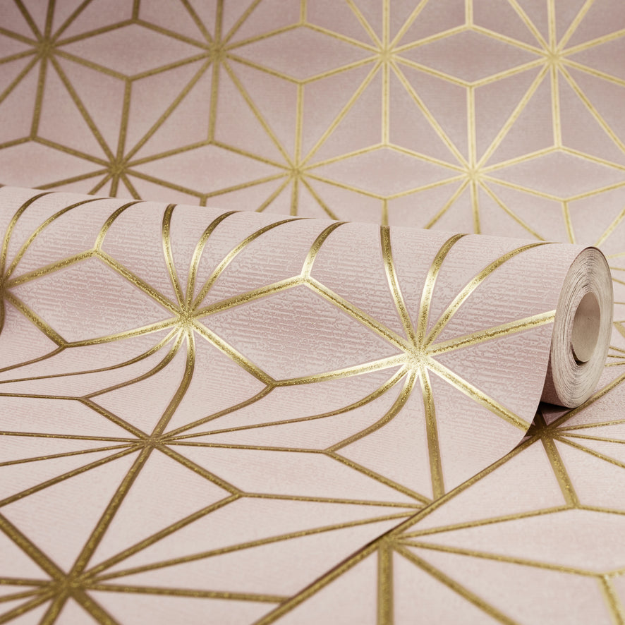 Astral Metallic Geometric Wallpaper in Blush, Pink and Gold