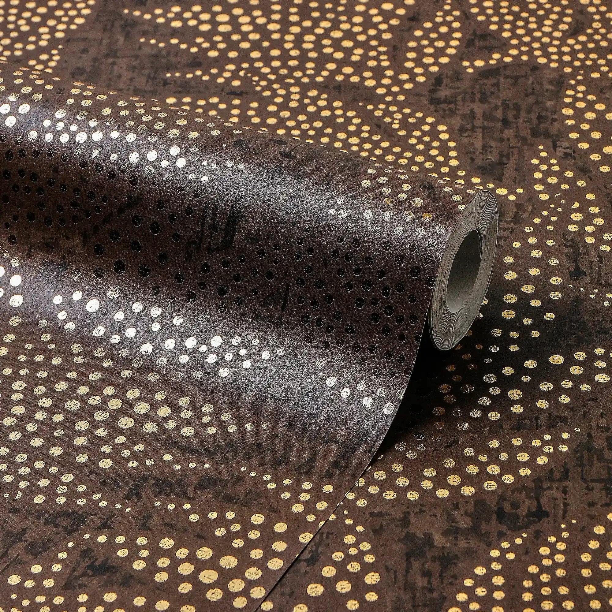 Large Speckled Leaf Wallpaper in Brown with Gold Foil
