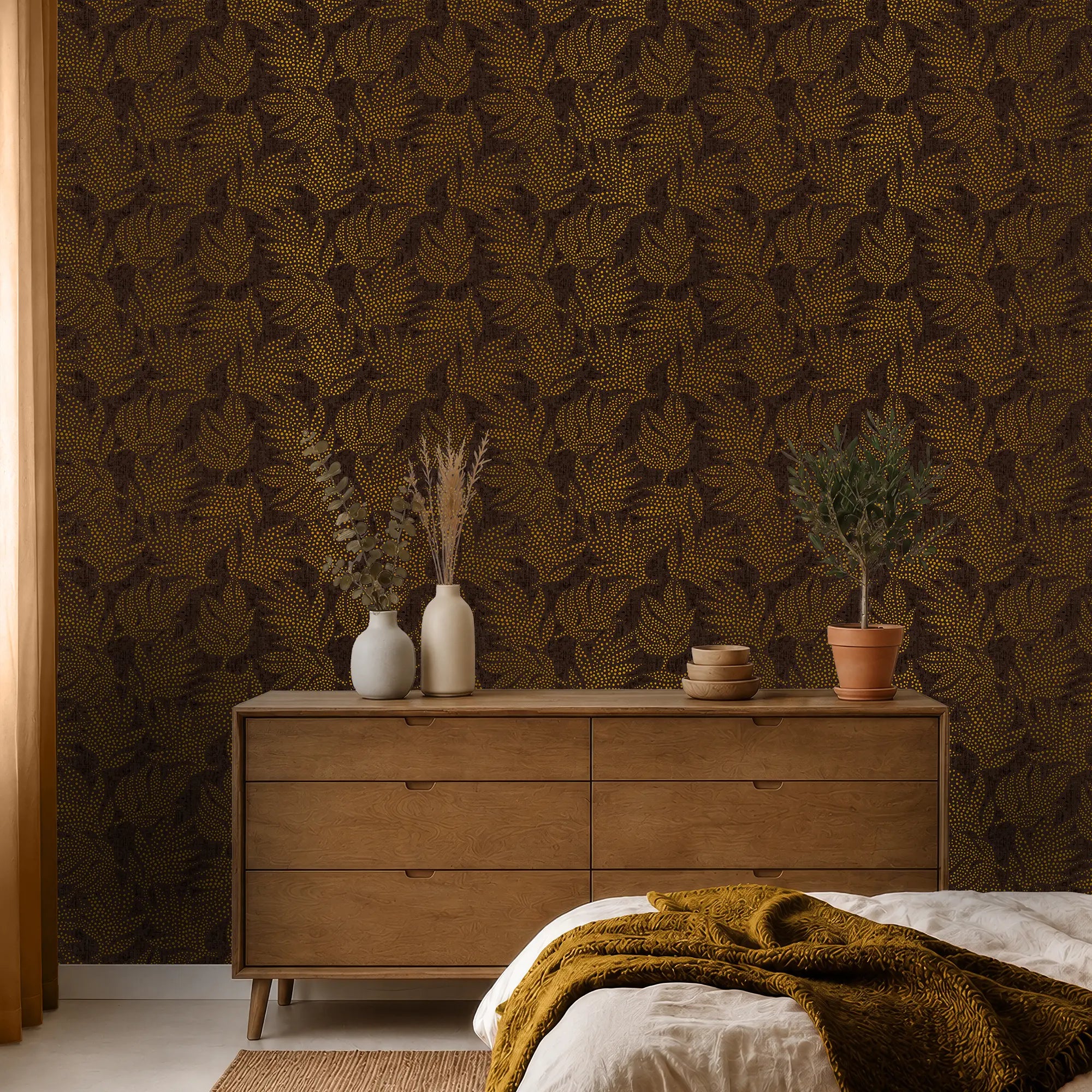Large Speckled Leaf Wallpaper in Brown with Gold Foil